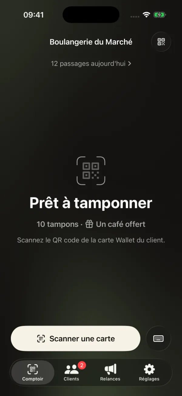 L’écran Comptoir de l’app : « Prêt à tamponner », 10 tampons pour un café offert.