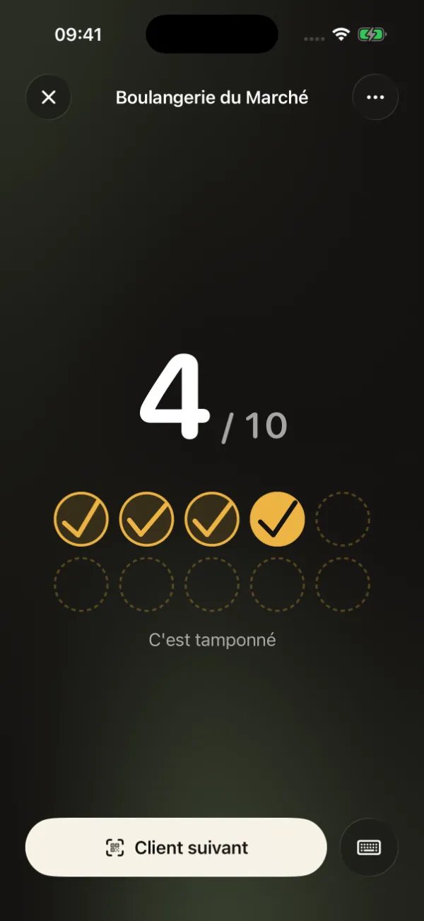 L’app Carimbo juste après un scan : 4 tampons sur 10, « C’est tamponné ».