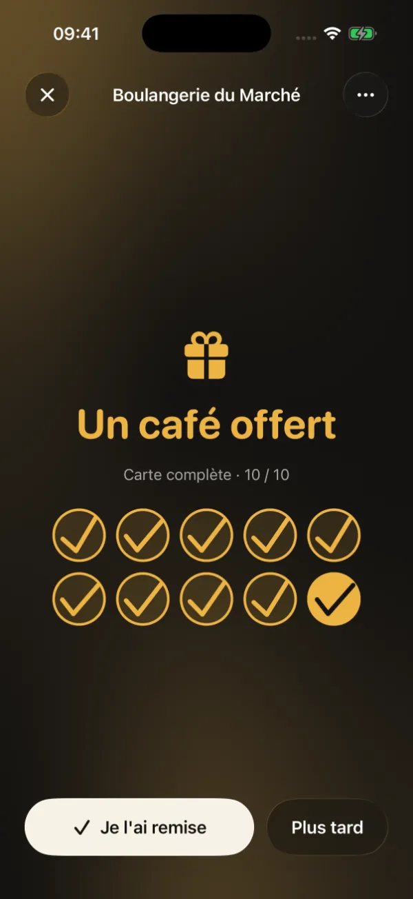 L’app quand la carte est complète : « Un café offert », avec le bouton « Je l’ai remise ».