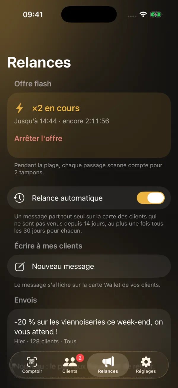 L’écran Relances : une offre flash « ×2 » en cours et la relance automatique activée.