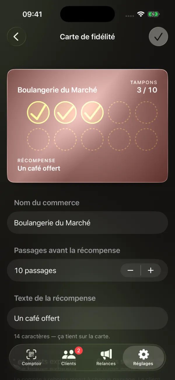 Le réglage de la carte : nom du commerce, nombre de passages avant la récompense, texte de la récompense.
